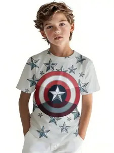Boys' crew neck short sleeve T-shirt athleisure Captain America Shield And Stars Pattern 3D printing spring and summer clothing versatile casual children lightweight