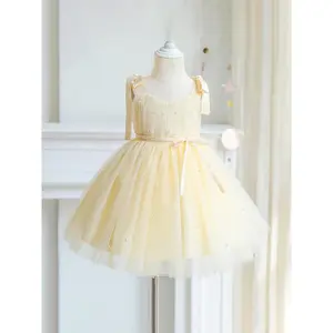 Baby Girl's Beaded Tie Shoulder Puffy Party Dress, Elegant Sleeveless Contrast Mesh Dress Party Guest, Kids Clothes