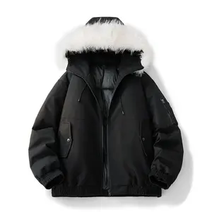 Men’s down jacket with a fur collar and hood, featuring multiple storage pockets, windproof and cold-resistant—ideal for commuting, skiing, outdoor activities, and winter travel.
