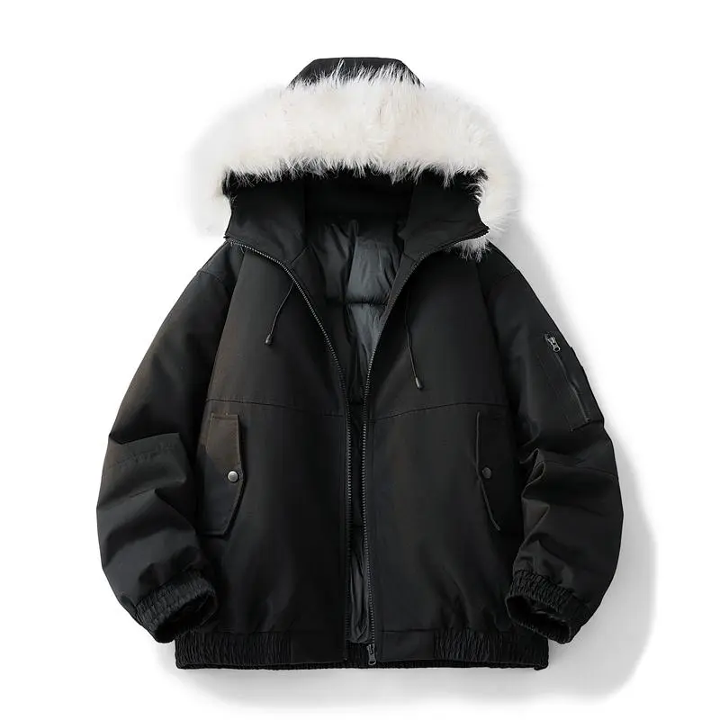 Men’s down jacket with a fur collar and hood, featuring multiple storage pockets, windproof and cold-resistant—ideal for commuting, skiing, outdoor activities, and winter travel.