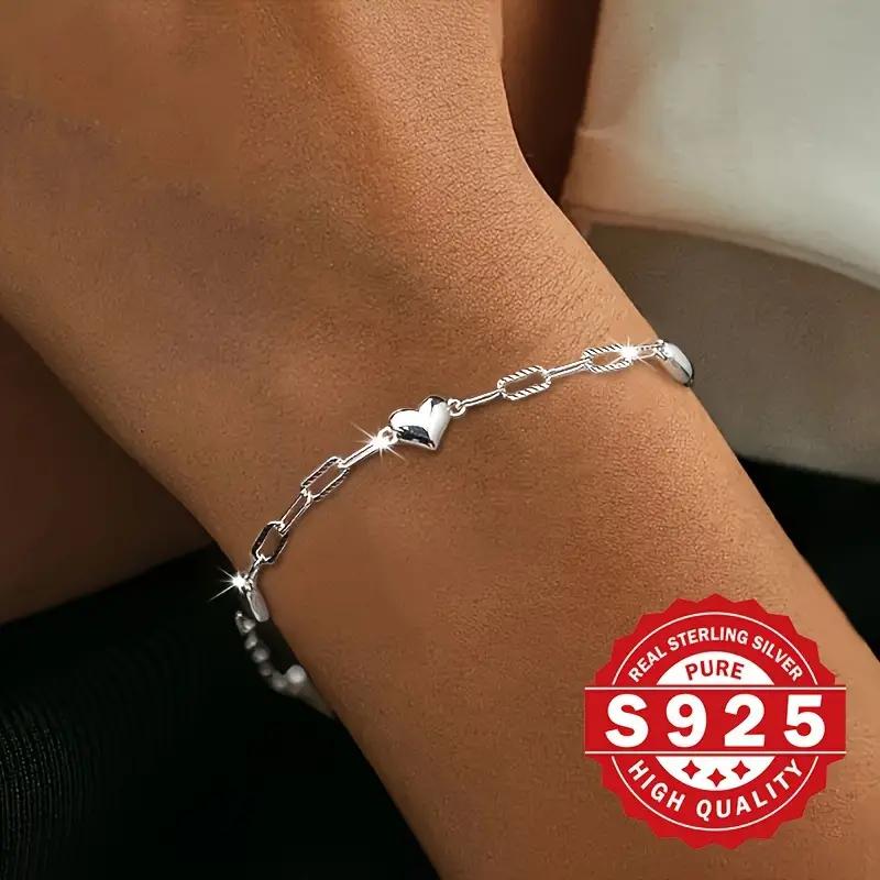 Sterling Silver 925 Bracelet For Women, 3D Heart Link Chain, Figaro Clasp, Elegant & Cute Style, Simple & Delicate Jewelry