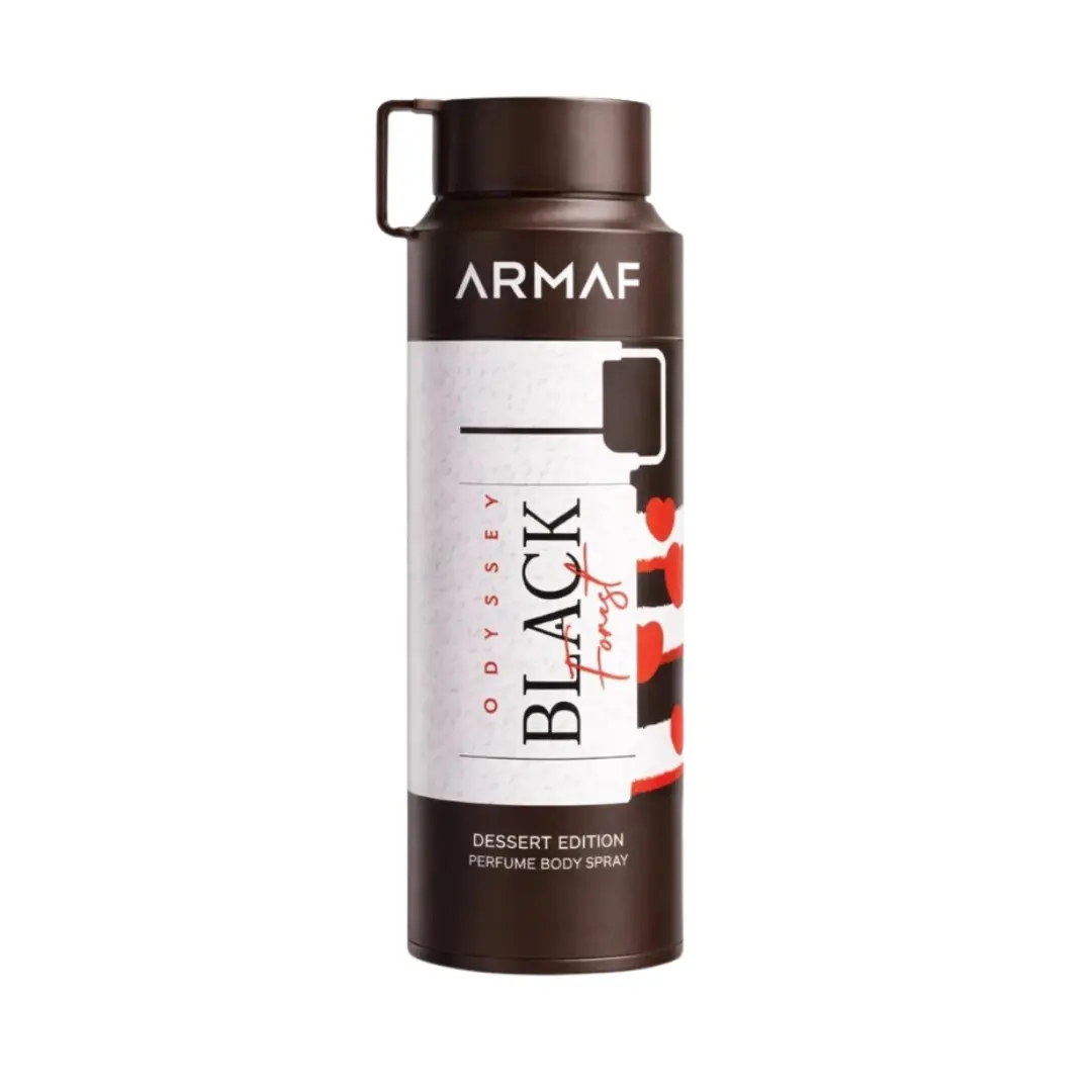 Armaf Odyssey Black Forest Men's Body Spray (6.8 oz) - Amber Vanilla, Caramel Cherry Vanilla, Praline & Tonka, Sweet Gourmand Mix - Body Mist Men's Fragrance, Single Item