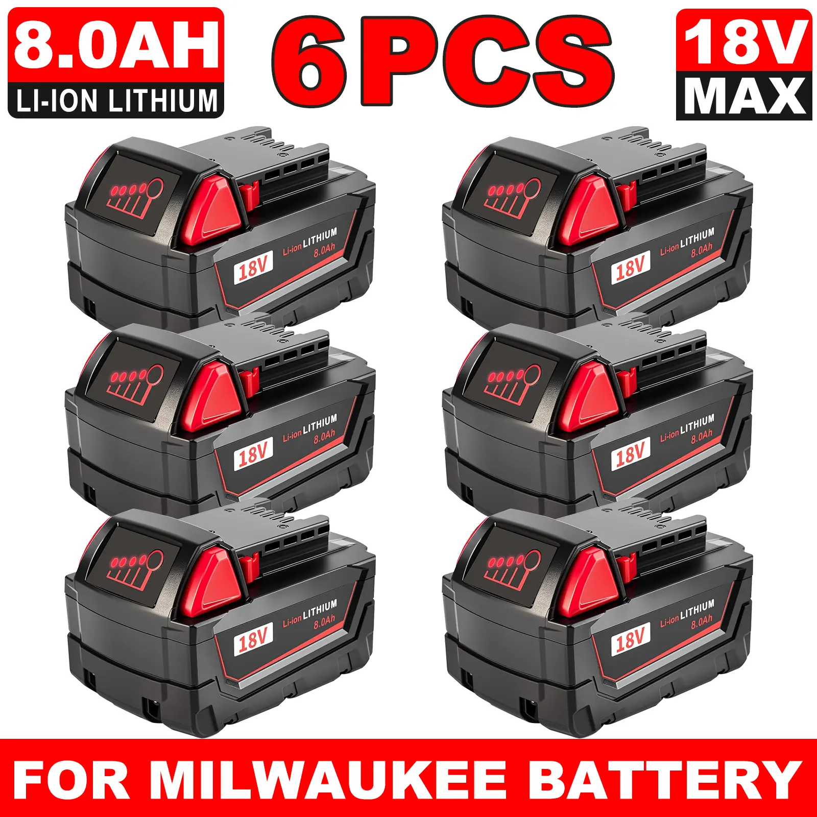 6pack 8000mAh Replacement for Milwaukee M18 Battery 18V Lithium Ion High-Capacity Batteries Compatible with Milwaukee 18V 48-11-1815 48-11-1820 48-11-1840 48-11-1850 48-11-1860 Cordless Power Tools durable construction max long-lasting Replaceable Batteri