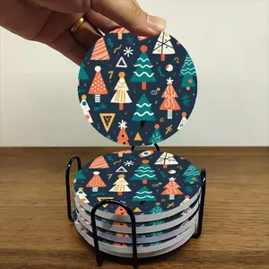 6-piece ceramic coaster set, themed around a playful Christmas tree illustration background, heat-resistant and non-slip coasters with holders, perfect for home, dining, and beverage decoration.
