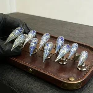 Handmade Blue Colorblock Glitter Dragon Claw Cat Nail Tips, Glossy Short Fake Nails, High Transparency, Single Item