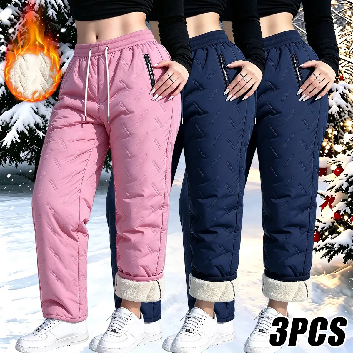 Women's 3-Pack Winter Trendy Fleece-Lined Thick Straight-Leg Bottoms, Elastic Drawstring Waist Lady Trousers with Side Pockets, Non-Stretch Feminine Pants for Cold Weather Outdoor Wear