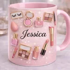 Personalized Makeup Mug Custom Beauty Coffee Cup 2D Printed 3D Effect Ceramic Mug with Pink Cosmetic Design and Name for Makeup Lover Women Birthday Mother’s Day Gift Idea Coffee mugs, ceramic mugs, custom mugs, personalized mugs, everyday mugs