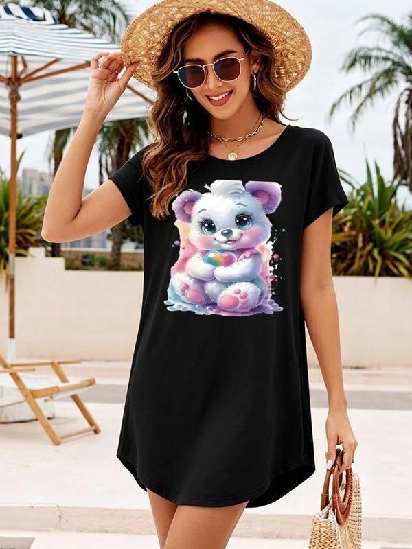 Sohochic Women's A-Type Crew Neck Short-Sleeve Mini Tunic Dress - Cute Pastel Cartoon Bear Graphic Tee Design, Woven Breathable Soft Fabric, Loose Fit, Black, Party Casual Everyday Wear