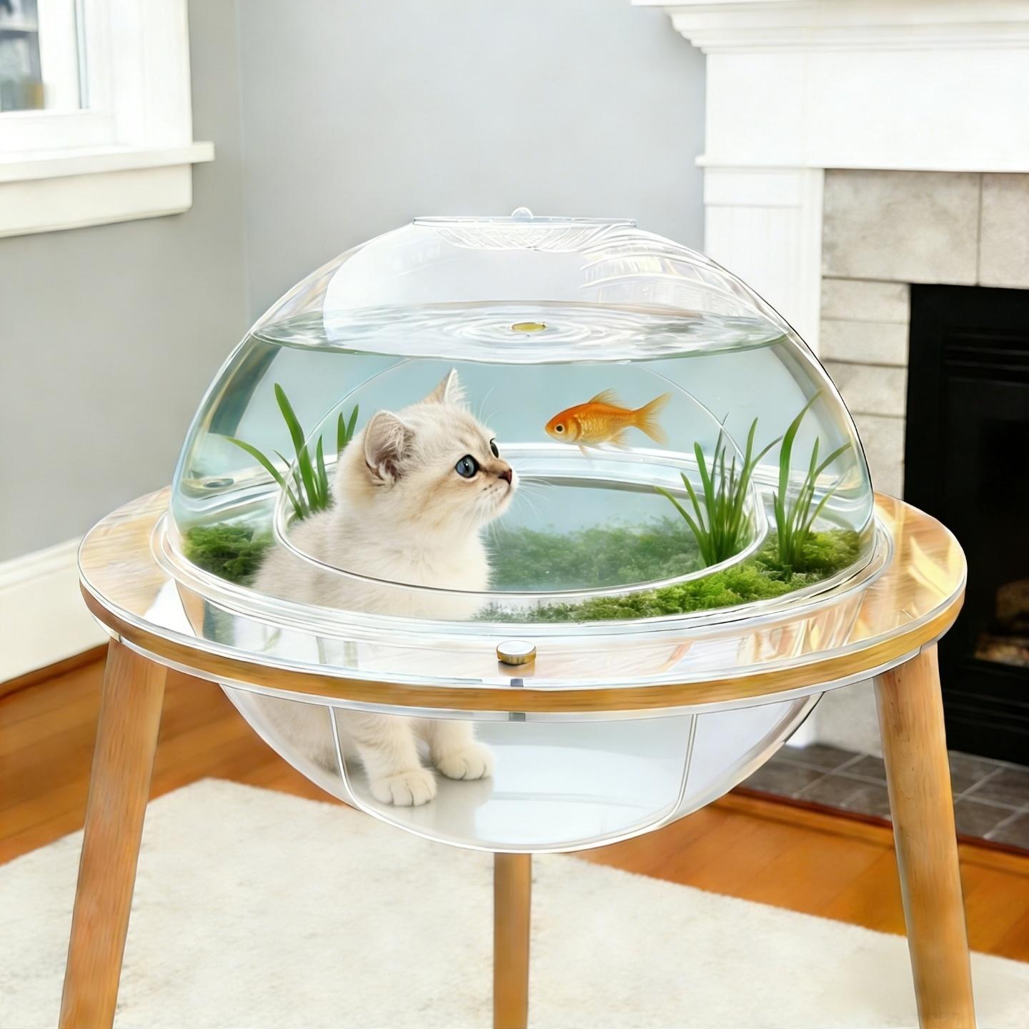 Eyisean 23.6" Acrylic Large Round Transparent Cat Cave, 2-in-1 Space-Saving Kitty Bed Fish Tank with Plywood Base, Heavy-Duty 360° Immersive Pet House, Indoor Cat Enrichment Furniture for Living Room