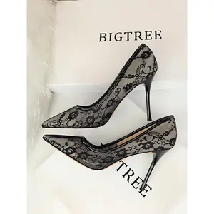 VibeSteps Women's Mesh Hollow Design with Contrast Lace Pointed Toe Stiletto Heeled, Stylish Elegant High Heeled Dress Formal Shoes for Party, Perfect Footwear for Outfit Matching, Wedding Party Shoes