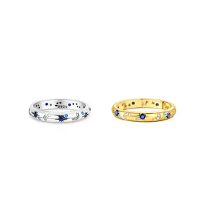 MULA S925 silver-plated and 18K gold-plated starry night ring with blue and white cubic zirconia moons and stars, an elegant gift for women and girls