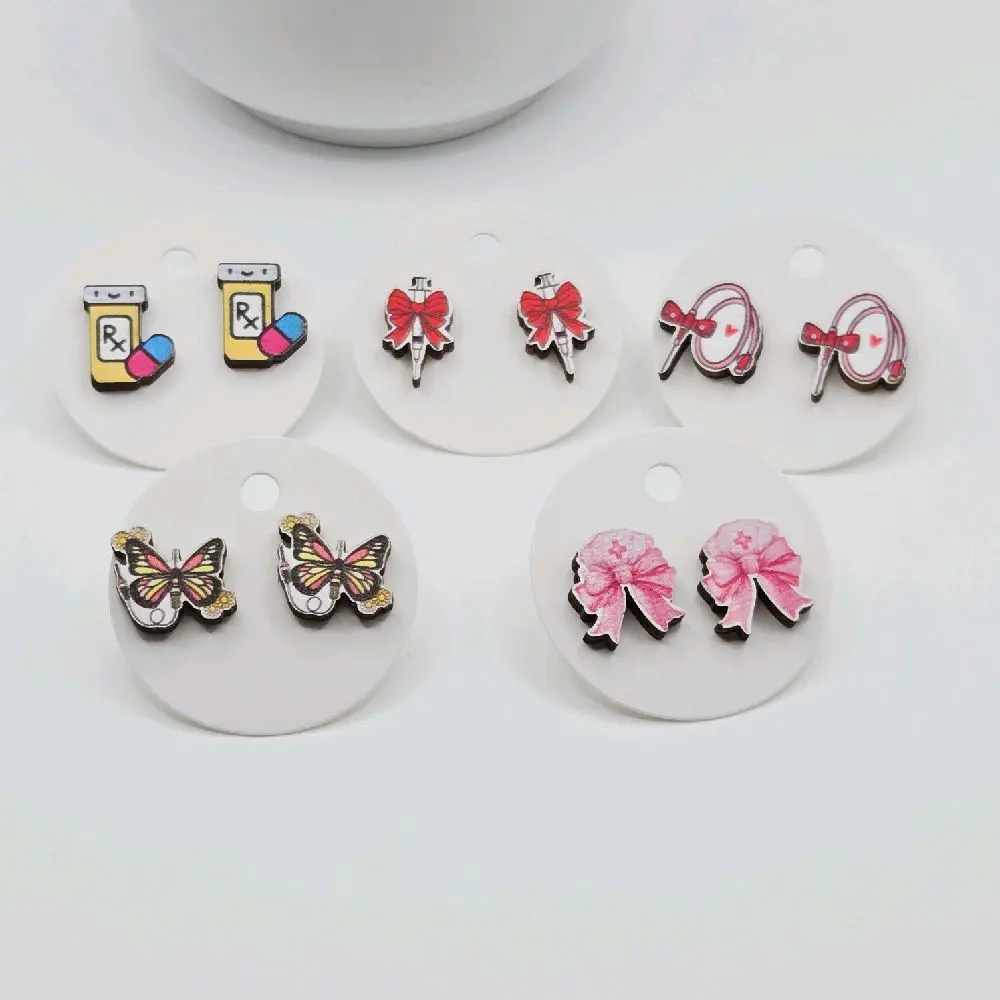 Cute Small Wood Stud Earrings for Women with Stainless Steel Posts and Silicone Backs for Pharmacy Techs, Pharmacists, Nurses, and Phlebotomists