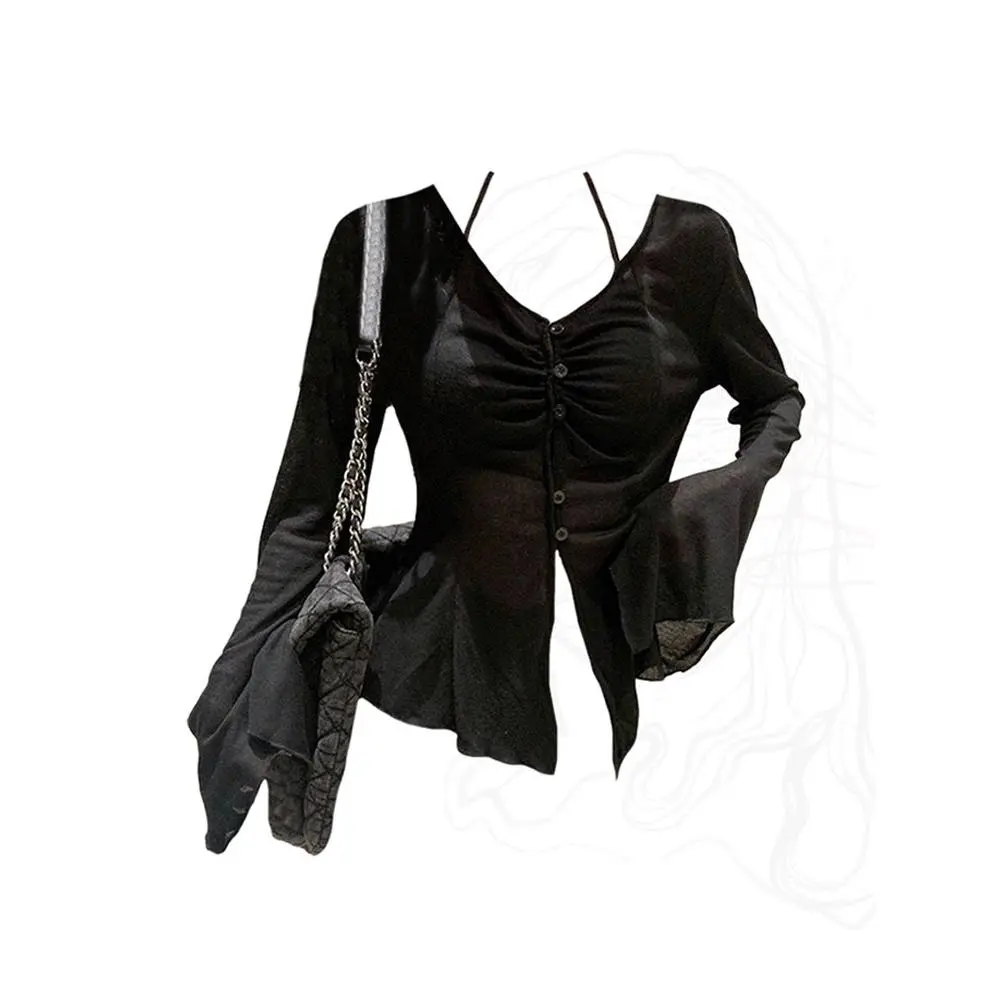 Women's Basic 2025 2000s Aesthetic V-Neck Gothic Flare Sleeve High Street Casual Tee - Black Streetwear Clubwear Gyaru Coquette Womenswear Top
