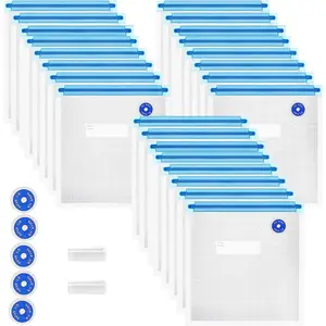 Reusable BPA Free Vacuum Sealer Bags (8.5 * 8.5in), 31 Pcs (24 Pcs Vacuum Zipper Bag & 2 Seal Clips & 5 Air Valves), Plastic, Clear, Double Zipper Seal, Microwaveable, Food Storage, Cooking