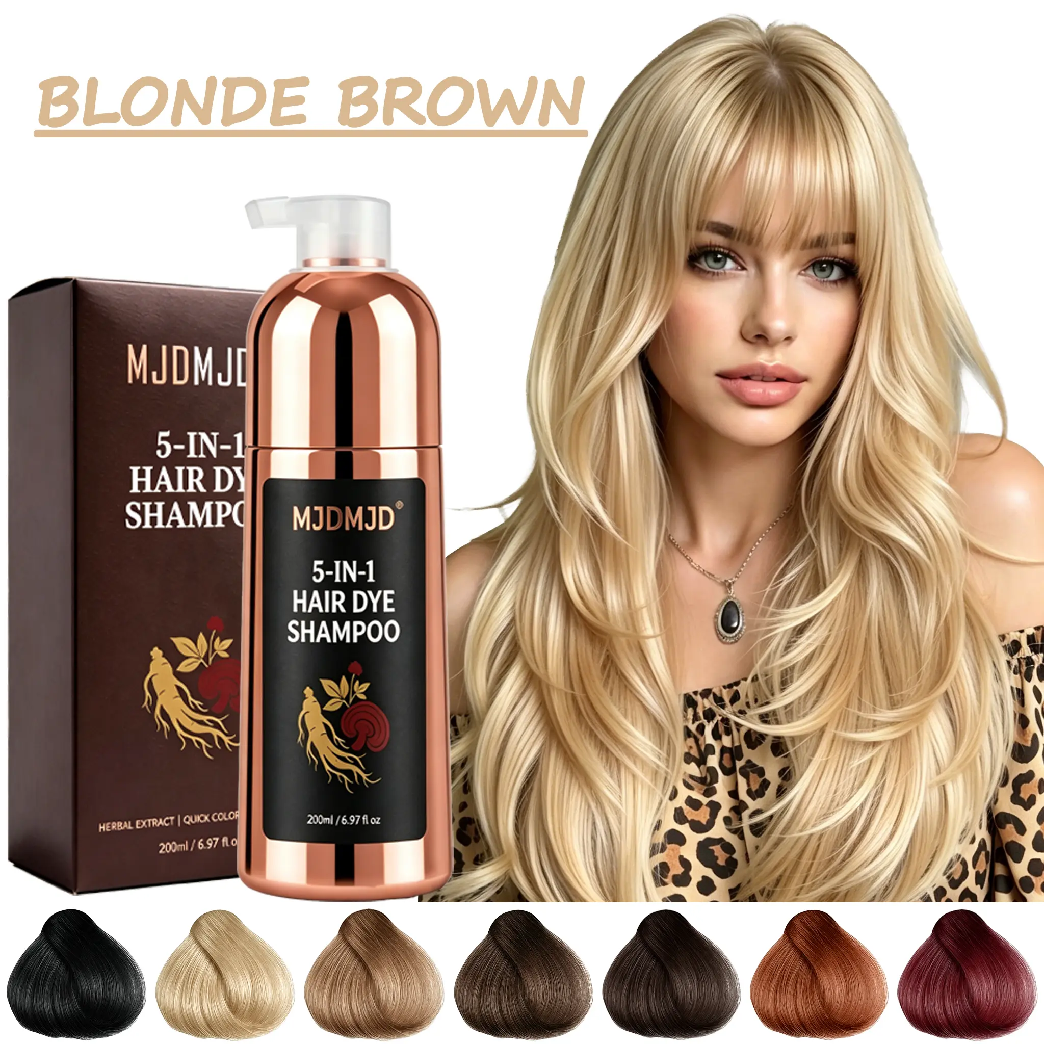 Blonde Brown Hair Dye Shampoo, 5-in-1 Hair Color Shampoo, Gray Hair Coverage, Easy Home Hair Coloring for Women & Men, 200ml