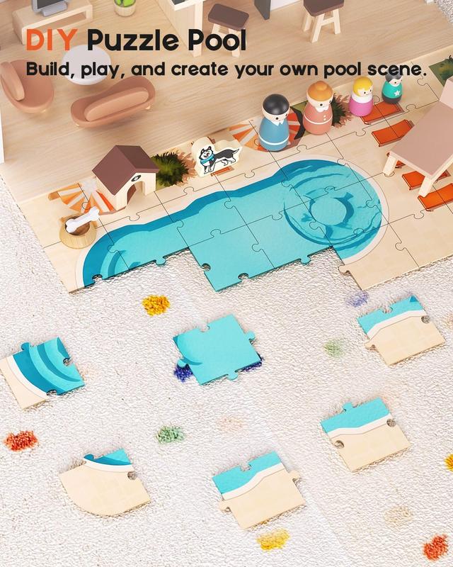 BIERUM Large Modern Wooden Dollhouse with 49Pcs Furniture, Dolls & Pets，DIY Puzzle Pool & Yard, Ideal Gift for Boys & Girls 3+