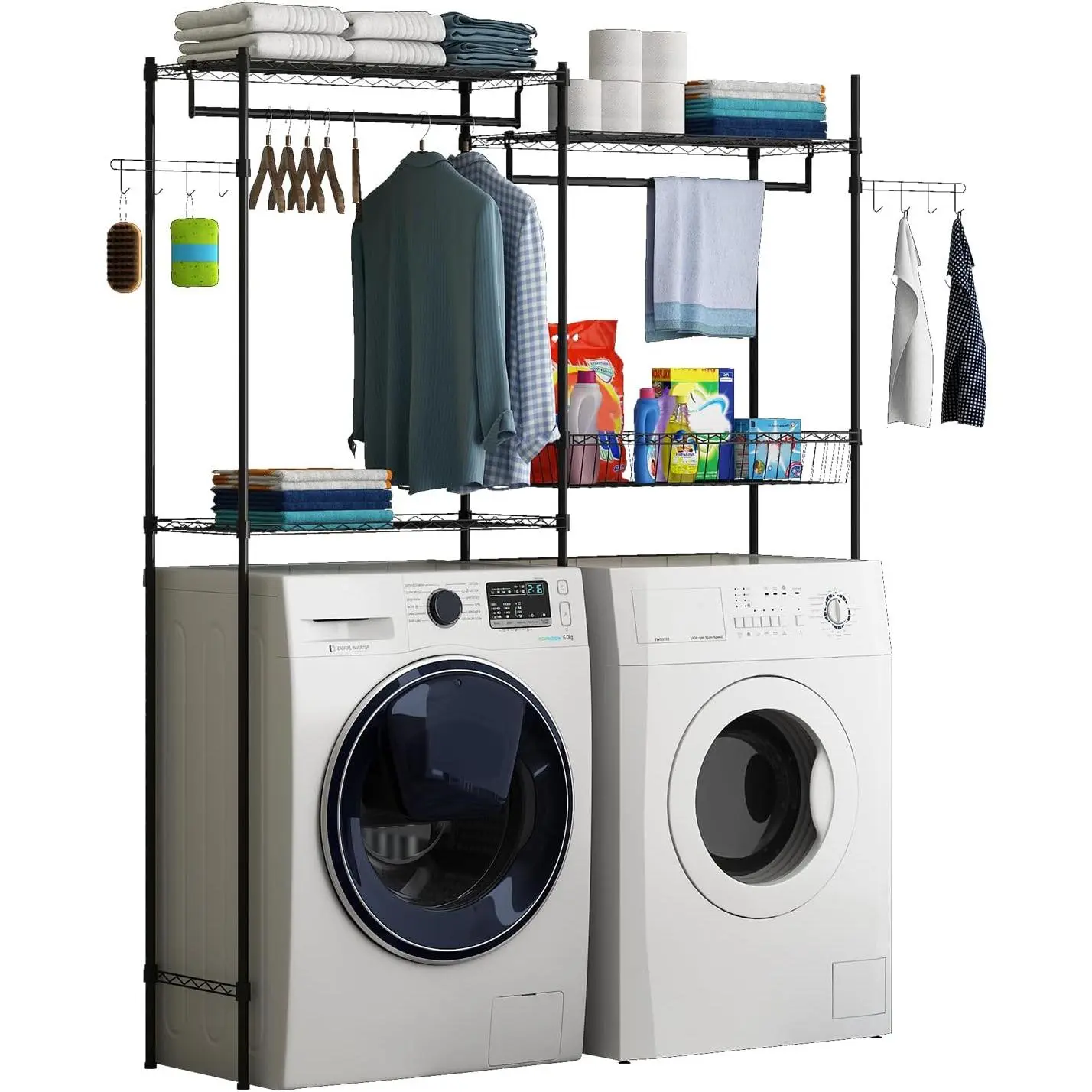 57.4" W Over Washer and Dryer Shelves,Heavy Duty Laundry Room Storage Organization Clothes Drying Rack,2 Tier Adjustable Height Wire Shelving and Wire Basket with Hanger Rod&Hook,Space Saving Shelf