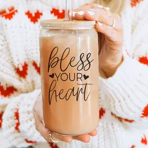Bless Your Heart Coffee Mugs | Funny Southern Gift Ideas | 20oz Glass Cups for Valentines Day Gifts | Funny Glass Coffee Mugs with Bamboo Lid Drinkware Straw