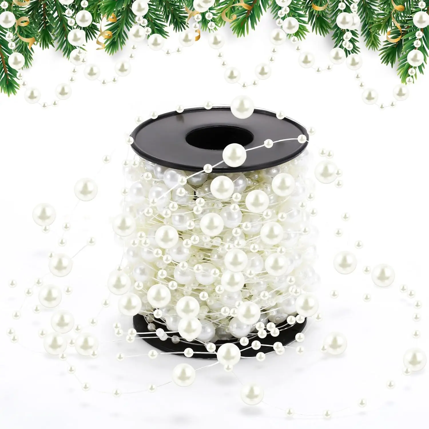 65.6Ft Artificial Pearl Beads Garland Plastic Beaded String Strands Chain Ornament Roll for DIY Craft Christmas Tree Wedding Valentines Party Decoration Floral Centerpiece Supplies(Ivory)