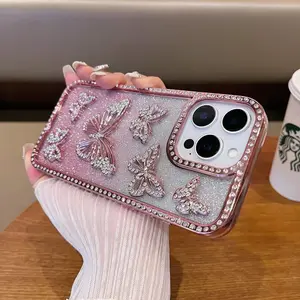 Rhinestone Butterfly Decor Phone Case, Glitter Gradient Fashion Phone Protective Cover, Phone Accessories Compatible with iPhone 16 15 14 13 12 Pro Max, Casing, Protector