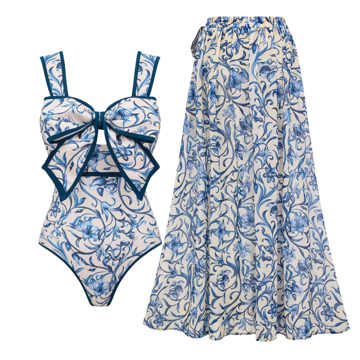 FLAXMAKER Women's Bowknot Blue Lily Print One Piece Swimsuit and Matching Cover Skirt Set Swimdress Stylish Beachwear Bathing Suit #Summervibes outdoorfun #SwimWeek