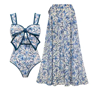 FLAXMAKER Women's Bowknot Blue Lily Print One Piece Swimsuit and Matching Cover Skirt Set Swimdress Stylish Beachwear Bathing Suit #Summervibes outdoorfun #SwimWeek