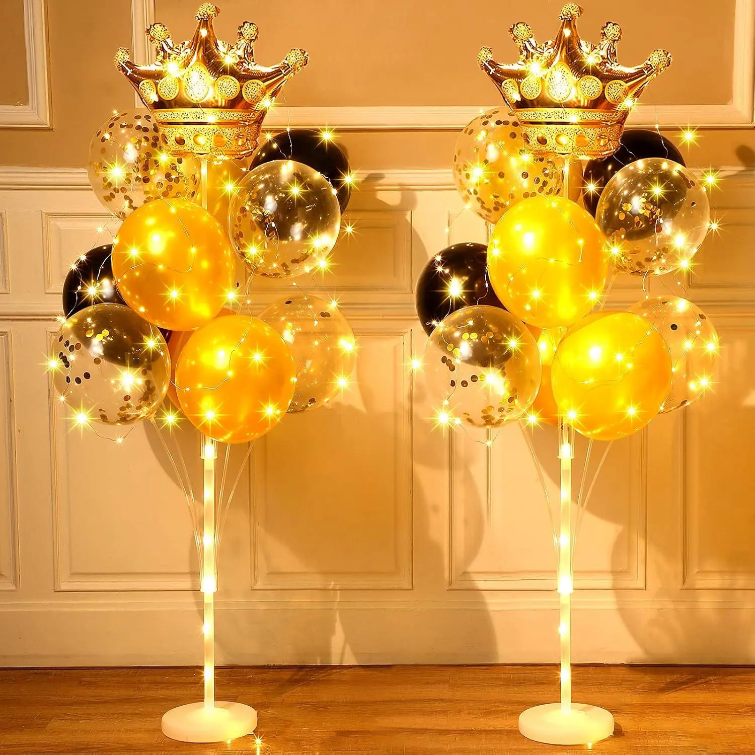 2 Set Floor Gold Crown Balloon Stand Kit With Birthday Crown Led String Lights Include 42 Balloons44 Balloon Sticks26 Balloon Cups For Birthday Wedding Baby Shower Valentines Party Decoration