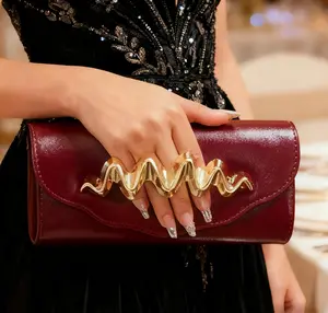 Lightweight Burgundy Hot Sell Evening Clutch Purse For Women With Waving Metal Decor Elegant Formal Evening Bag Clutch Bag For Party Wedding Handbag Dinner Bag For Wedding Bridal Dinner Prom Party Banquet Holiday Daily Use Business Bag Chain Shoulder Bag