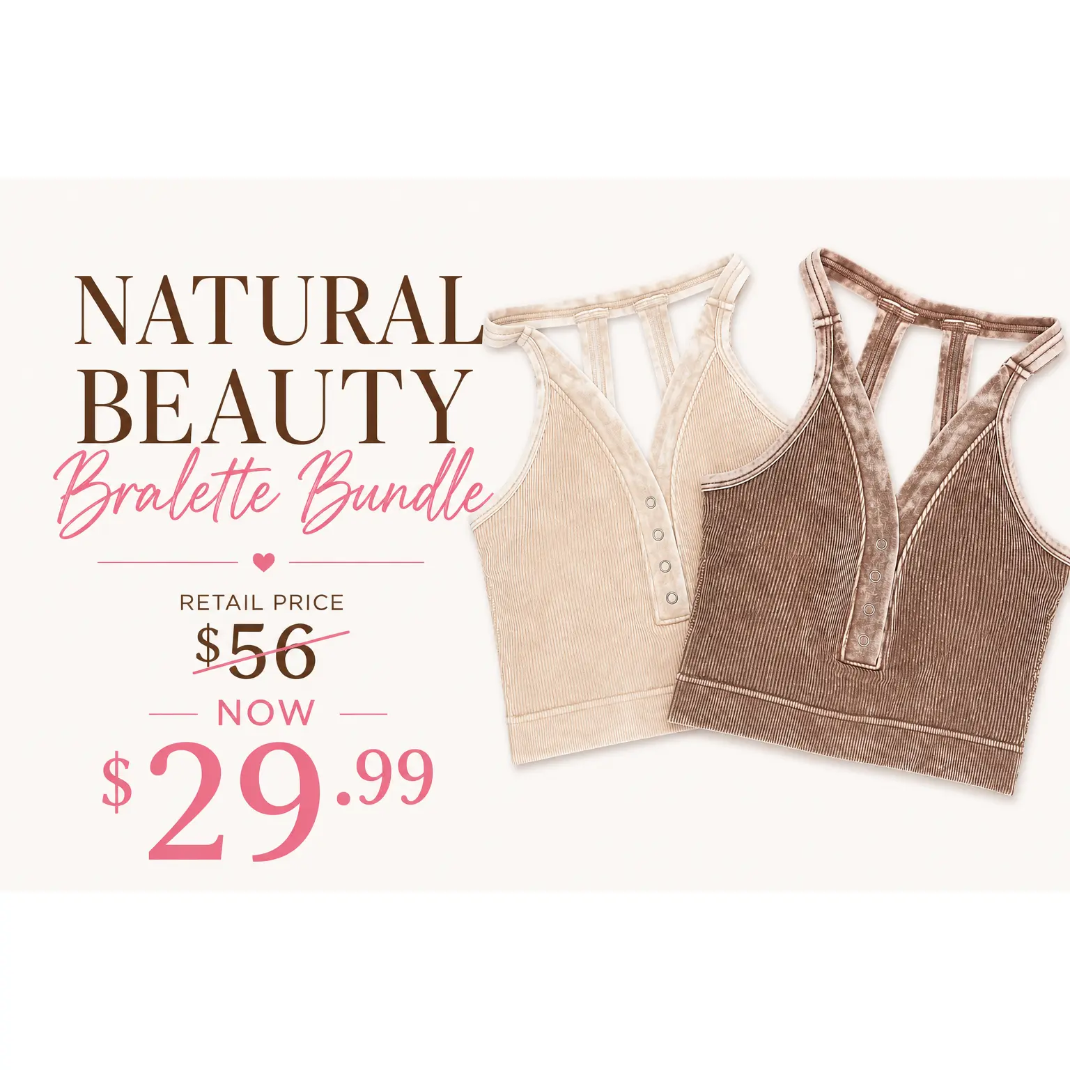 Women's Natural Beauty Ribbed Bralette Bundle - Stretchy Spandex-Nylon Fabric, Everyday Wear