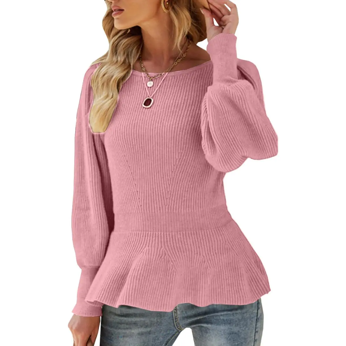 Lannew Womens 2025 Fall Sweaters Long Sleeve Crew Neck Babydoll Sweater Casual Rib Knit Pullover Tops