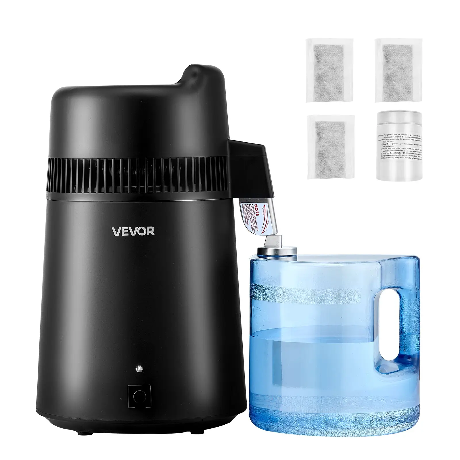 VEVOR Countertop Water Distiller, 6.0L/1.6Gal Food-Safe Plastic Unit with Cooling Fan, Activated Carbon Filters, Stainless Steel Interior, 900W Power, Distills Water for Coffee Brewing, Dental Clinics, 10.36lbs, 11.81x11.81x19.69in Black, 6.0 L