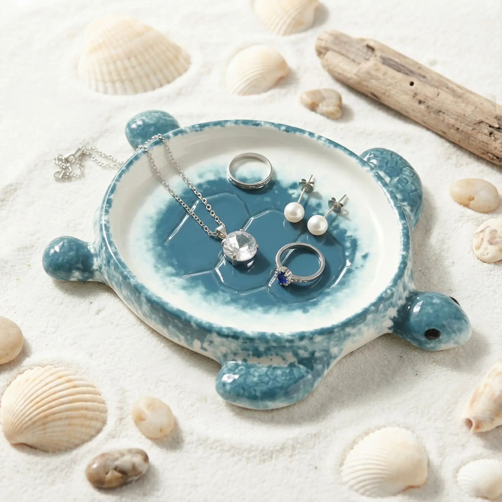 Handmade Ceramic Sea Turtle Decorative Jewelry Tray - Blue Home Organizer, Room Display Accessory Holder for Rings, Earrings, Necklaces, Keys, Coastal Beach Decor Gift for Girls/Women