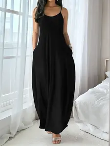 Women's Long Leopard Print Coffee Dress, Round Neck Sleeveless Pocket Sleepwear, Comfortable Casual Home Fabric All Seasons