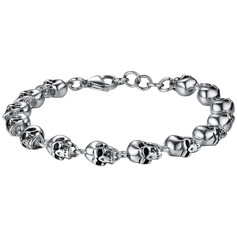 Gothic Skull Bracelets for Men Women, Stainless Steel/18K Gold Plated/Silver Black Punk Skeleton Head Chain Bracelet Party Accessories for Rapper Biker