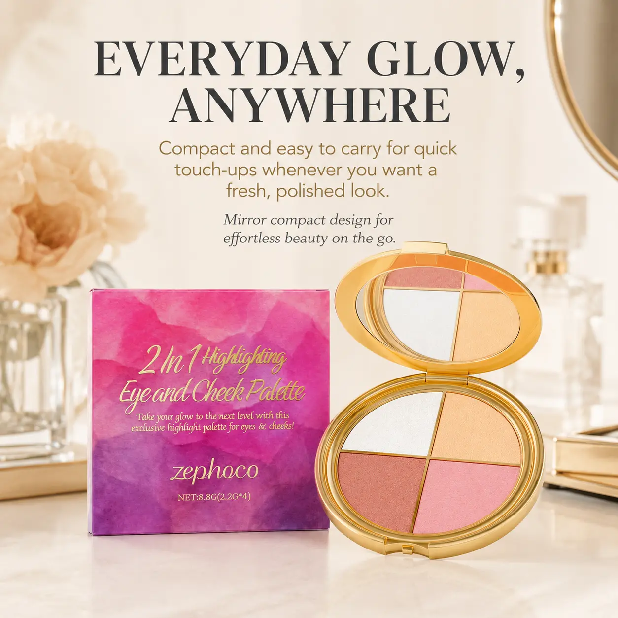 Zephoco 1-in-1 Compact Makeup Palette - 1 Pack, 8.8g Highlighter, Eyeshadow & Blush, Finely Textured, Long-Lasting Sweat-Resistant, Includes Brush, Beauty Products for Halloween Festival, Cosplay Gifts