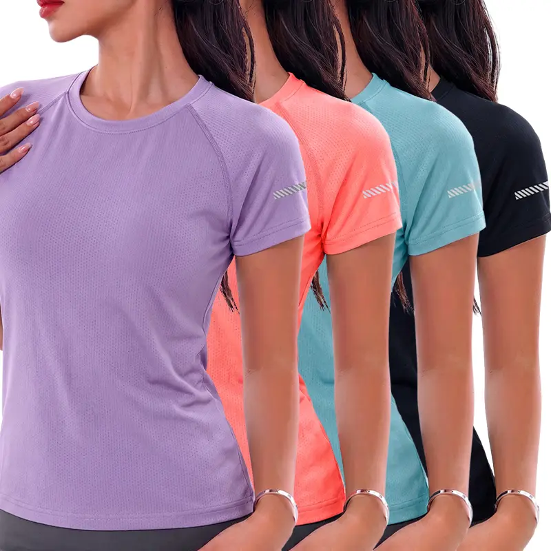 4-piece set women’s black crew-neck short-sleeve T-shirts, moisture-wicking, quick-drying, sporty casual style, perfect for running, training, fitness, outdoor activities, and everyday wear