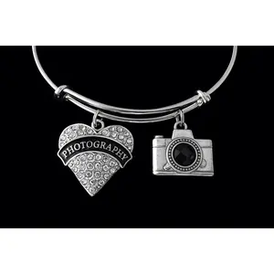 Photography Charm Bracelet – Silver Expandable Bangle with Camera & Heart Charms