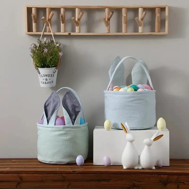 Easter Bunny Storage Bucket with Adorable Pink Stripe Rabbit Ear Design, Children's Festival Storage Basket, Gift Baskets