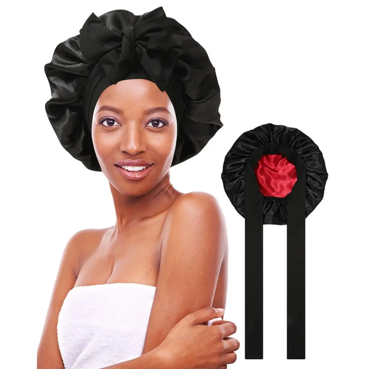 AWAYTR Women's Smooth Adjustable Solid Satin Wide-Brimmed Double-Layered Elastic Haircare Bonnet Hat, Large Satin Bonnet for Night Use & Daily Casual Hair Care, Large Satin Bonnet Hats