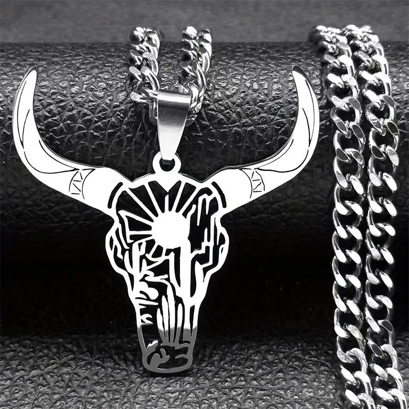 GGIRL Polished Stainless Steel Bull Head Pendant Necklace - Trendy Western Cowboy Style Hip-Hop Jewelry for Men, Retro Design, Daily Versatile Casual Accessory Gift
