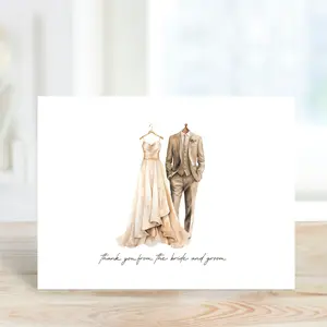 Wedding Thank You Cards Personalized Boxed Set of Ten Cards with Envelopes Elegant Bridal Gown & Groom Suit Design Thank You Notes for Special Day