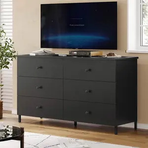 Sikaic 6 Drawers Double Dresser, Wooden Dressers with Heavy Sturdy Steel Frame, Large Capacity Storage Chest of Drawers, Black Dresser for Bedroom, Living Room, Entryway