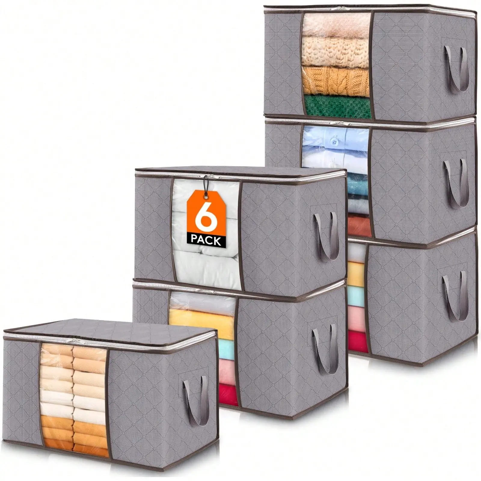 90 L Large Storage Bags, 6 Pack Clothes Storage Bins Foldable Closet Organizers Storage Containers with Reinforced Handle for Clothing, Blanket, Comforters, Bed Sheets, Pillows and Toys