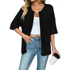 HIYIYEZI Women Oversized Cardigan Casual Short Sleeve Button Down Tops Lightweight Crew Neck Knit Summer Outfits