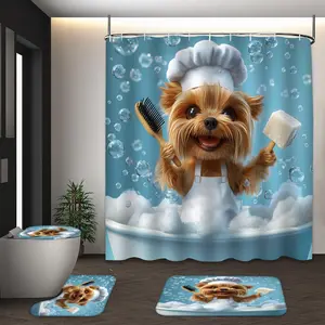 LVRLVR 4Pcs Yorkshire Terrier Bath Time with Bubbles Print Whimsical Cute Blue Multi-Color Shower Curtain Set 70.8×70.8 Inch