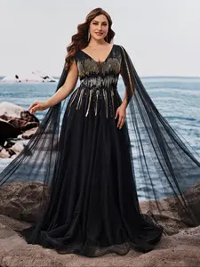 Elegant Plus Size Evening Gown, Sheer Mesh Party Dress, Custom Embroidered Beaded Formal Wear, Women's Luxury Prom Dresses