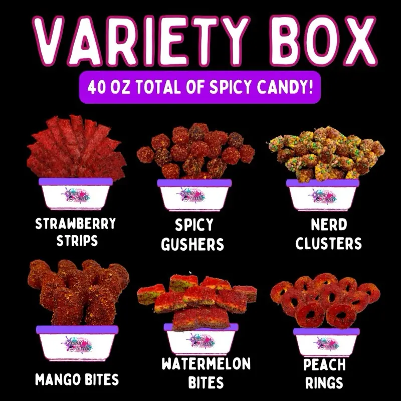 SPICY CANDY VARIETY BOX - 40 OZ TOTAL GUSHERS, NERD CLUSTERS, STRIPS, RINGS & MORE by KIMDYSWEETS LLC