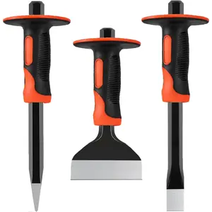 3 Piece Heavy-Duty Point Flat and Brick Chisel Set with Hand Guard Ergonomic Grip for Brick Concrete and Stone