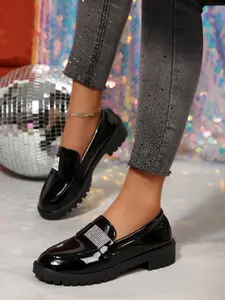Women's Thick Sole Loafers, Chunky Heel Work & Commute Shoes, High Heels Deep Mouth Fashion, Stylish PU Leather, Rubber, Comfortable Daily Wear Thick Soled Loafers