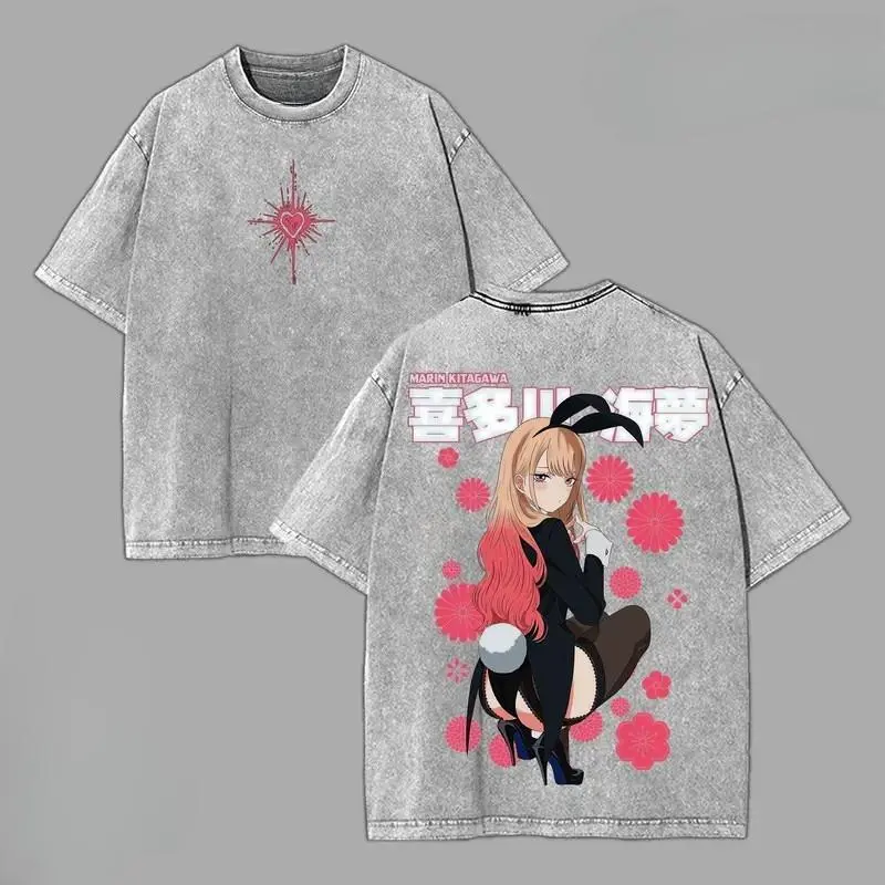 Men's Retro Distressed Short-Sleeve Graphic T-Shirt - V2 Marin Kitagawa Anime My Dress-Up Darling Printed Cotton Fitted Top for Casual, Festive Occasions (For Anime Addicts)